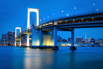 обоя города, токио , япония, река, мост, вечер, огни