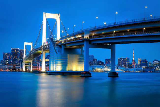 Обои картинки фото города, токио , япония, река, мост, вечер, огни