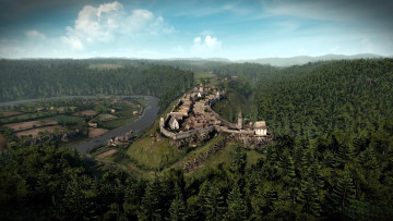 обоя видео игры, kingdom come,  deliverance, лес, город, поля, селение, река