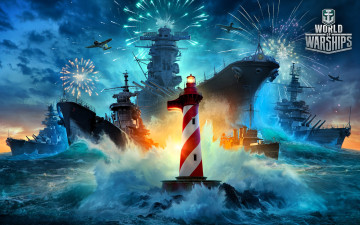 обоя видео игры, world of warships, корабли, салют, море, самолеты, маяк
