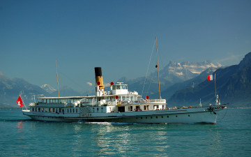 Картинка пароход корабли пароходы женевское озеро отдыхающие горы прогулочный
