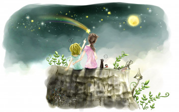 Картинка рисованные дети луна падающая звезда