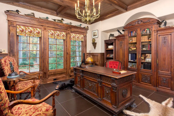 Картинка интерьер кабинет библиотека офис стол книги шкура