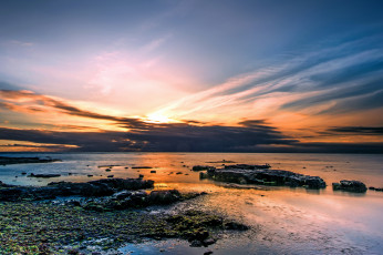 Картинка природа восходы закаты море камни водоросли тучи закат