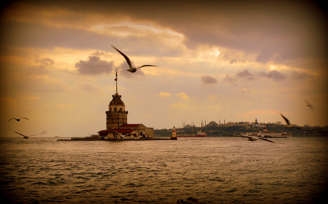 Обои картинки фото города, стамбул, турция, istanbul, море, чайки, закат, пейзаж