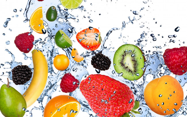 Обои картинки фото еда, фрукты, ягоды, брызги, авокадо, лимон, абрикос, киви, ежевика, малина, клубника, банан, лайм, мята