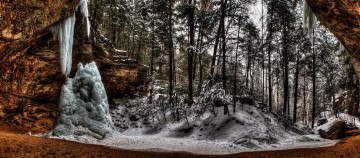 Картинка природа зима лес скалы ледопад
