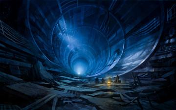 Картинка фэнтези люди арт романтика апокалипсиса тоннель обломки костёр