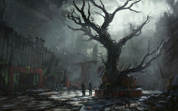Картинка фэнтези люди арт романтика апокалипсиса руины лианы дерево сумрак