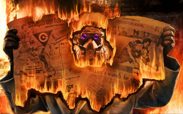 Картинка фэнтези люди романтика апокалипсиса капитан пожар газета очки перчатки пламя огонь
