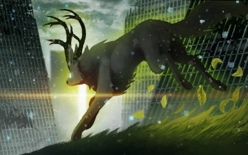 Картинка фэнтези существа alexiuss руины солнечный свет трава листья арт романтика апокалипсиса снег здания рога животное