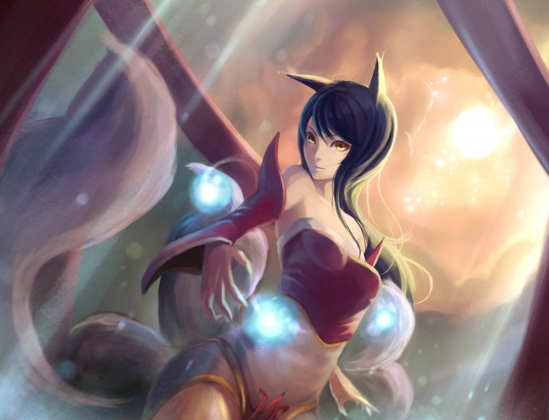 Обои картинки фото league of legends, фэнтези, магия, девушка, ahri, лисичка, хвосты, league, of, legends