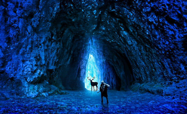 Обои картинки фото фэнтези, люди, арт, пещера, лед, холод, человек, оружие, олень