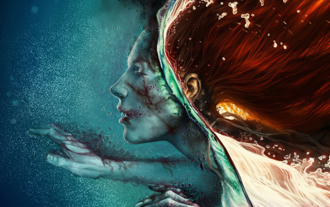 Обои картинки фото фэнтези, девушки, девушка, арт, красные, волосы, кровь, вода