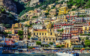 обоя города, амальфийское и лигурийское побережье , италия, positano, amalfi, italy, позитано, амальфи, здания, катер, пляж, скалы