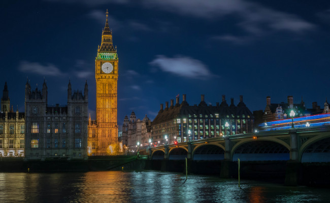 Обои картинки фото города, лондон , великобритания, река, ночь, огни, мост