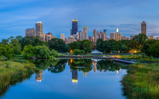 Обои картинки фото chicago skyline from lincoln park, города, Чикаго , сша, парк, обзор, небоскребы