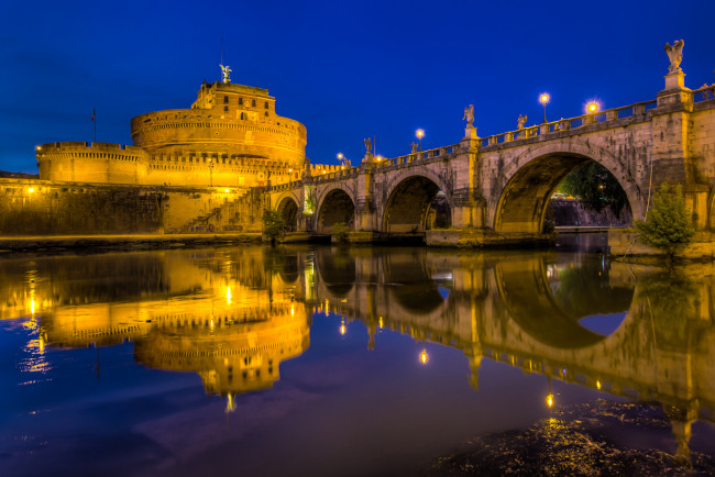 Обои картинки фото castel sant` angelo, города, - дворцы,  замки,  крепости, замое, мост, река, ночь