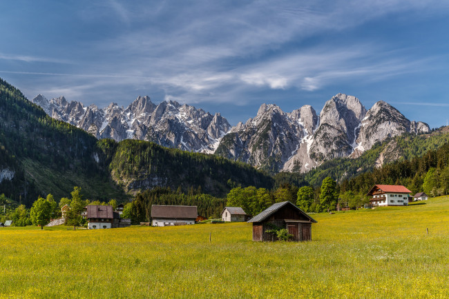 Обои картинки фото города, - пейзажи, alps, austria, альпы, австрия, горы, деревня, домики, дома, долина, луг