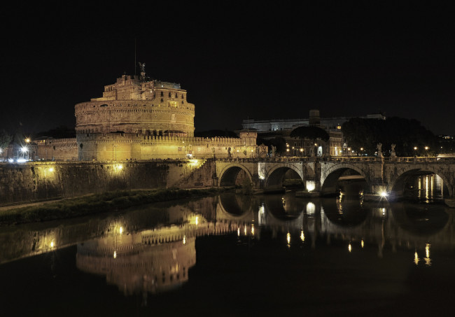 Обои картинки фото castel sant` angelo, города, - дворцы,  замки,  крепости, замое, мост, ночь, река