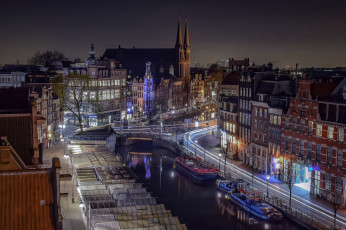 обоя amsterdam, города, амстердам , нидерланды, ночь, вода, свет