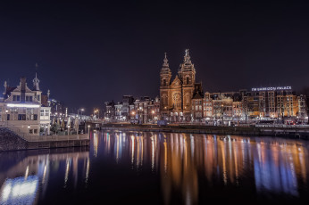 Картинка amsterdam города амстердам+ нидерланды ночь вода свет