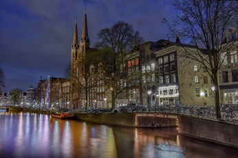 обоя amsterdam, города, амстердам , нидерланды, свет, вода, ночь