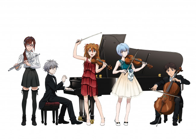 Обои картинки фото аниме, evangelion, game, neon, genesis, anime, piano, violin, cello, japanese, flute