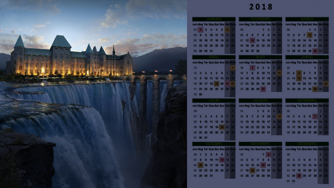 Обои картинки фото календари, фэнтези, здание, водопад, мост, освещение