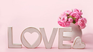 обоя праздничные, день святого валентина,  сердечки,  любовь, букет, розы, надпись, сердечко