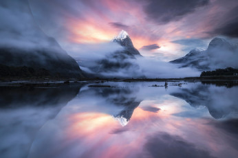 обоя природа, горы, фотография, небо, отражение, зима, восход, солнца, пейзаж, новая, зеландия, милфорд, cаунд, пик