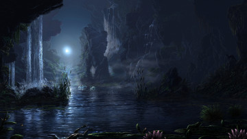 Картинка фэнтези пейзажи ночь пруд лебеди луна лягушки
