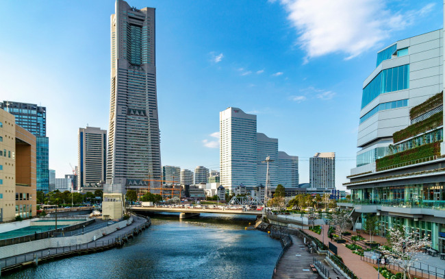 Обои картинки фото города, йокогама , япония, река, мост, набережная, небоскребы