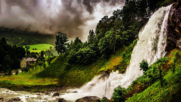 обоя waterfall at hordaland, norway, города, - здания,  дома, waterfall, at, hordaland
