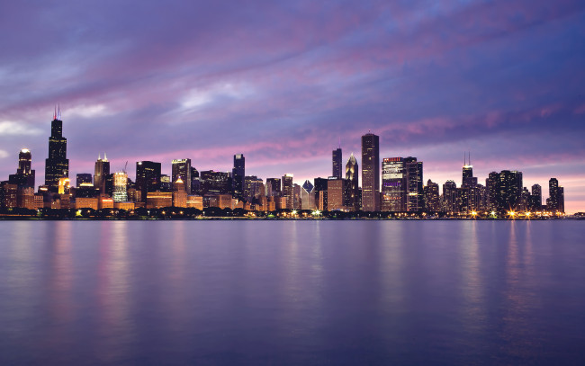 Обои картинки фото chicago, города, Чикаго, сша, огни, закат, здания, небоскрёбы