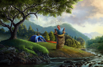 Картинка юмор приколы парень лес пчёлы река палатка спальный мешок ситуация