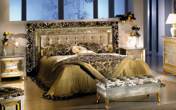 Картинка интерьер спальня кровать подушки цветы