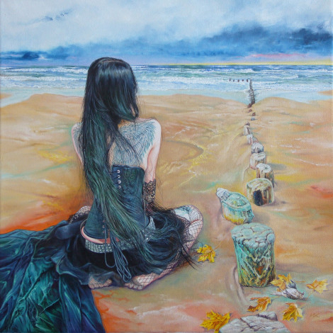 Обои картинки фото wlodzimierz, kuklinski, рисованные, листья, тату, море, девушка