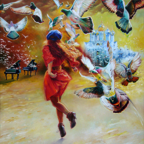 Обои картинки фото wlodzimierz, kuklinski, рисованные, девушка, птицы, голуби, рояль, церковь