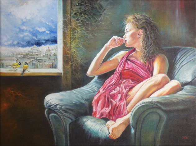 Обои картинки фото wlodzimierz, kuklinski, рисованные, девушка, кресло, окно, город, птицы, синицы