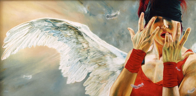 Обои картинки фото wlodzimierz, kuklinski, №603499, фэнтези, ангелы, девушка, крылья, перья, повязка