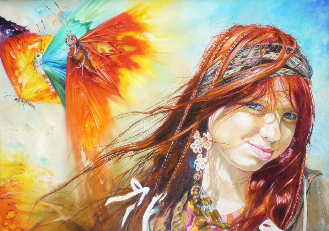 Обои картинки фото wlodzimierz, kuklinski, рисованные, бабочки, девушка