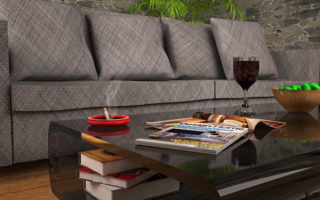 Обои картинки фото 3д, графика, realism, реализм, сигарета, стол, диван, книги, подушки