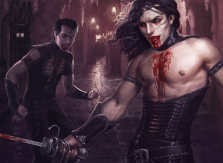 Картинка фэнтези вампиры парни арт фонари переулок город оружие кровь