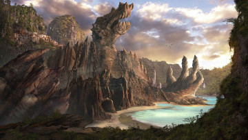 Картинка фэнтези пейзажи пещера цепь берег поселение дома море дракон скалы пейзаж арт