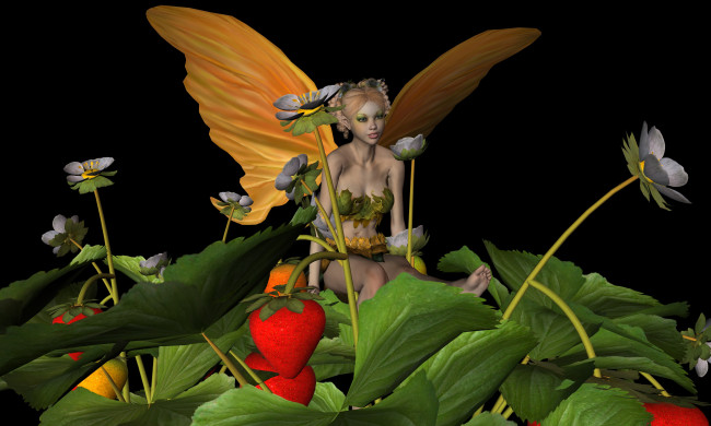 Обои картинки фото 3д графика, эльфы , elves, взгляд, эльфийка, крылья, цветы, клубника