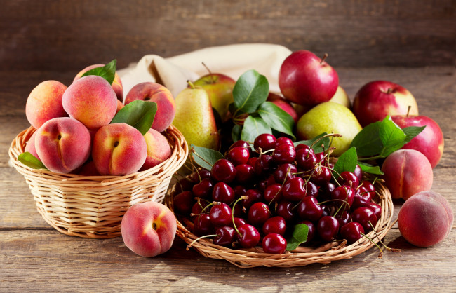 Обои картинки фото еда, фрукты,  ягоды, ягоды, вишня, яблоки, персики