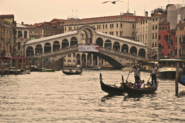 Обои картинки фото города, венеция , италия, гондола, мост, риальто