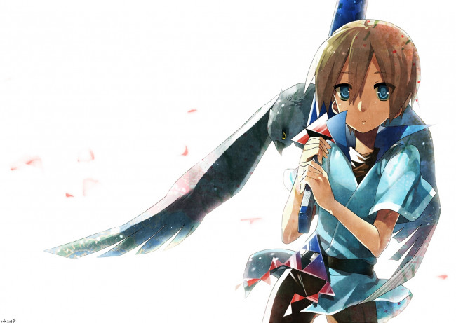 Обои картинки фото аниме, -weapon,  blood & technology, оружие, меч, крылья, птица, парень, ot-nm, арт