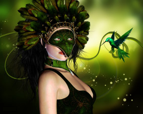 Картинка 3д+графика фантазия+ fantasy взгляд девушка колибри перья маска фон